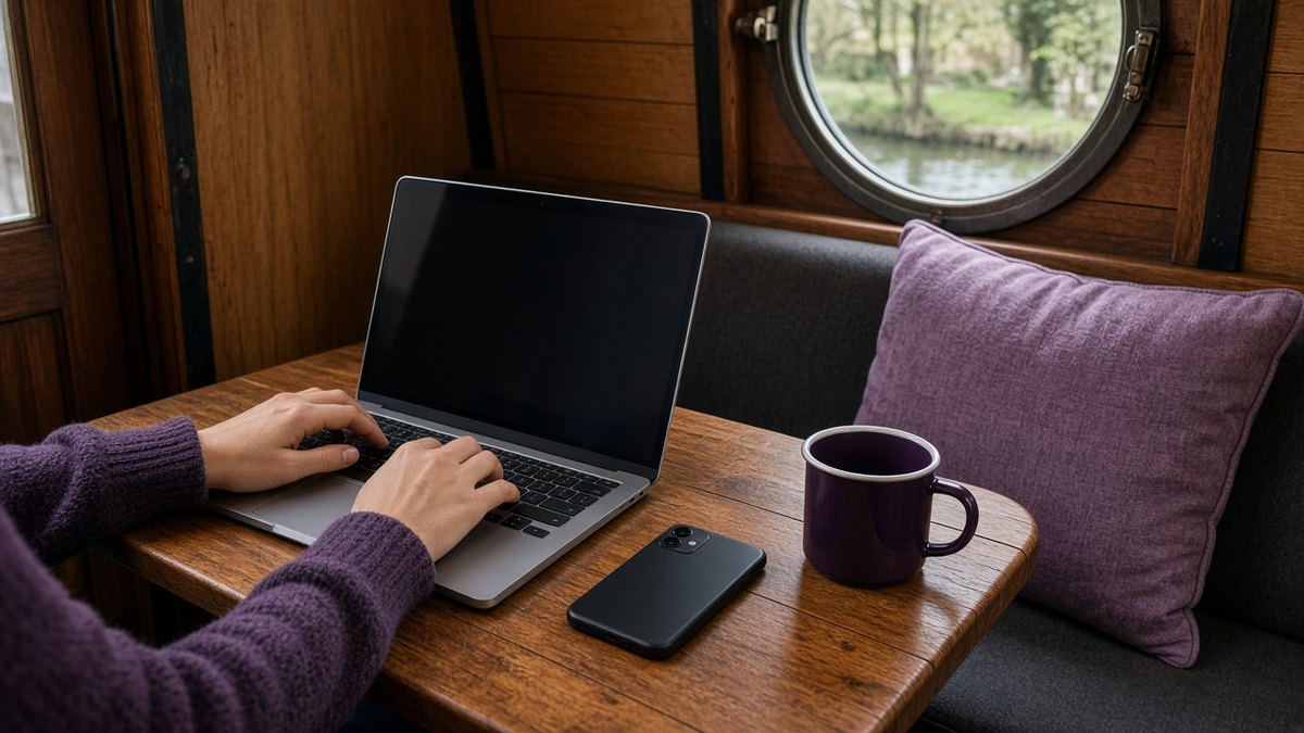Hands typing on a laptop at a narrowboat galley table, a smartphone face down beside a plum mug