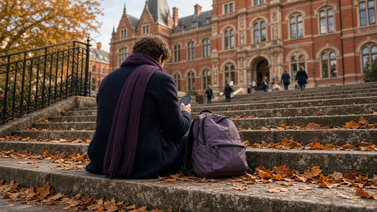 Student seen from behind sitting on stone university steps in autumn, using a smartphone, a lilac rucksack beside them