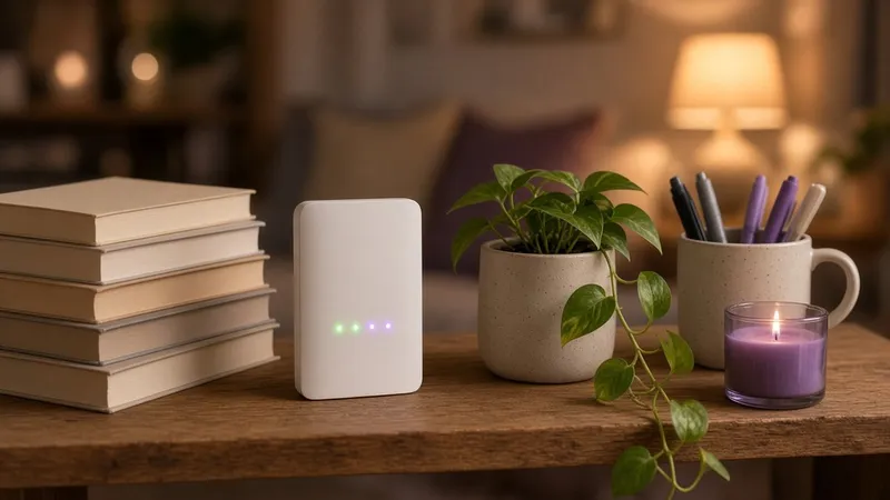 White wifi router on a bookshelf in a single-person flat with a houseplant and books