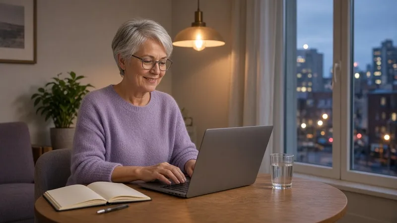 Woman working on a laptop at a small table in a one-bedroom flat in the evening