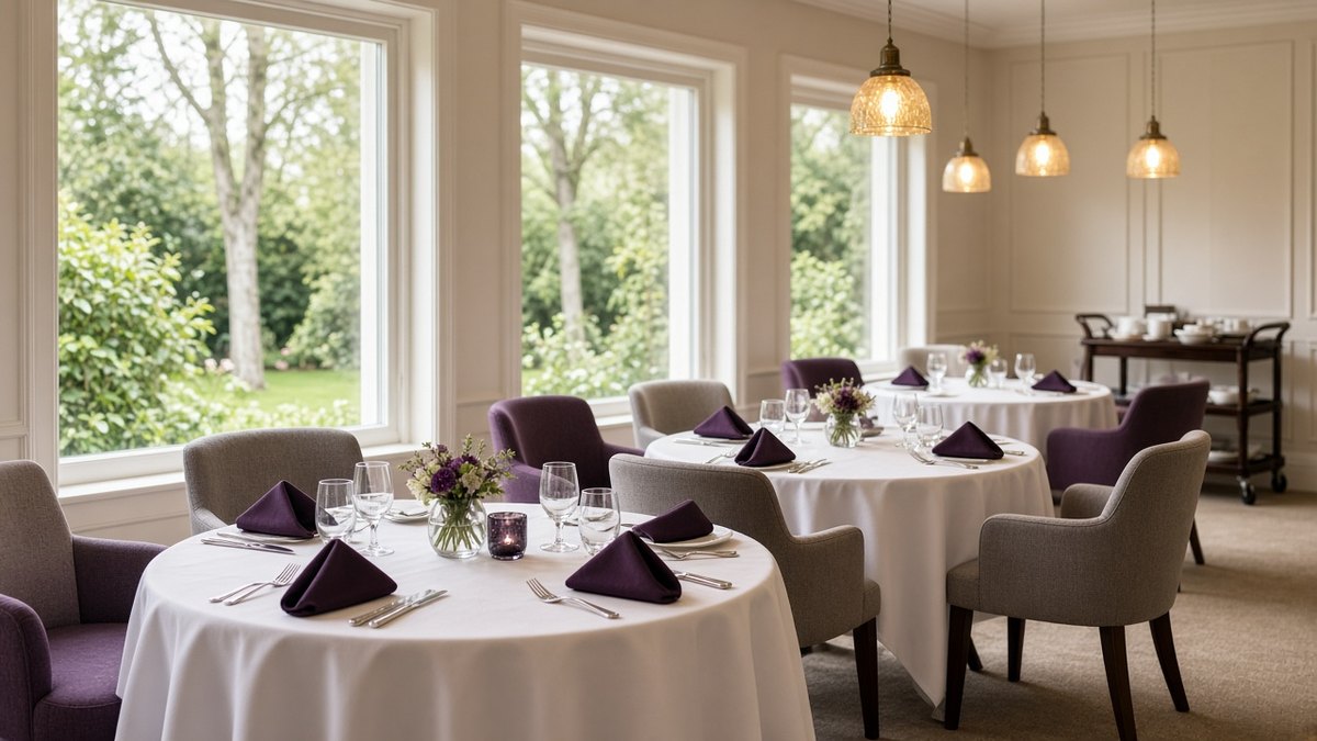 Care home dining room set for lunch, tables laid with plum napkins and glasses in soft daylight, no people