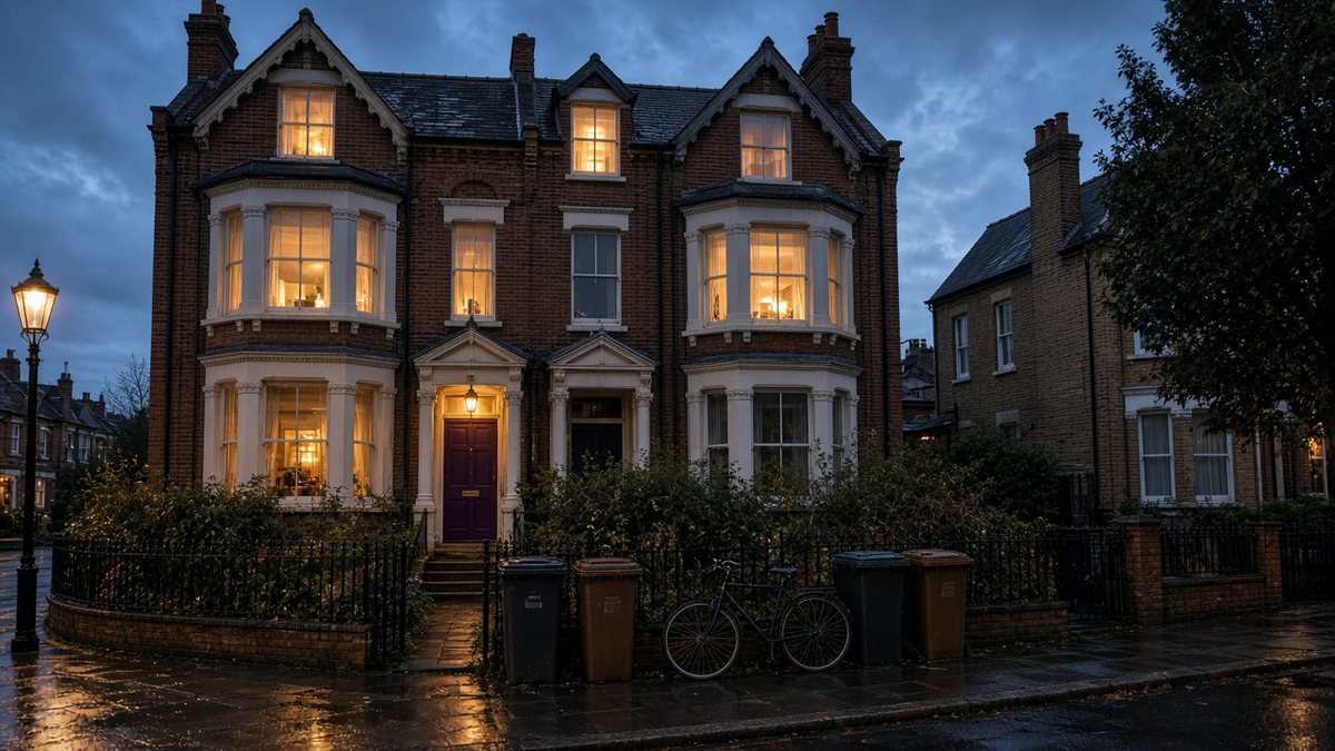 Large Victorian semi-detached house converted into an HMO at dusk, several lit windows and wheelie bins at the front, a plum front door