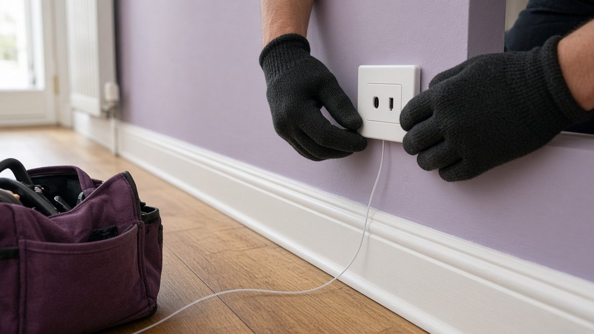 Engineer in black gloves fitting a white wall socket above a skirting board in a lilac hallway, plum tool bag on the floor