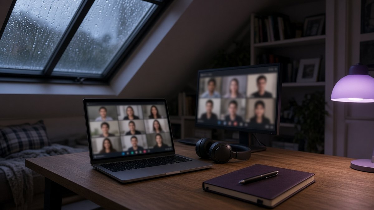 Loft home office with a laptop and monitor on a video call, headphones and a plum notebook, rain on the skylight