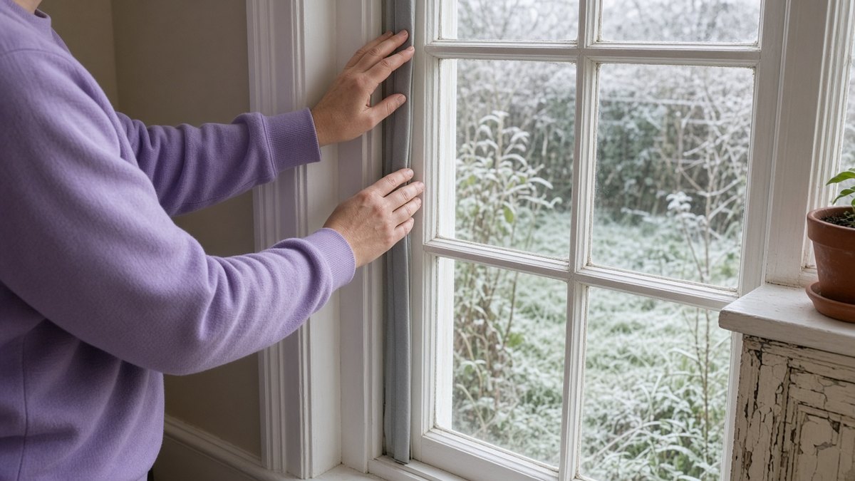 Person fitting draught-proofing strip to a sash window frame