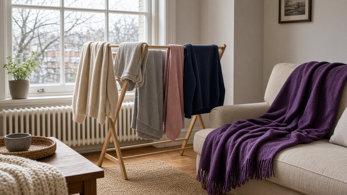 Clothes drying on an indoor airer in a bright living room