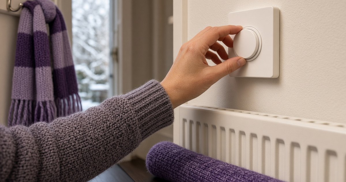 Hand adjusting a wall thermostat in a warm UK hallway in winter