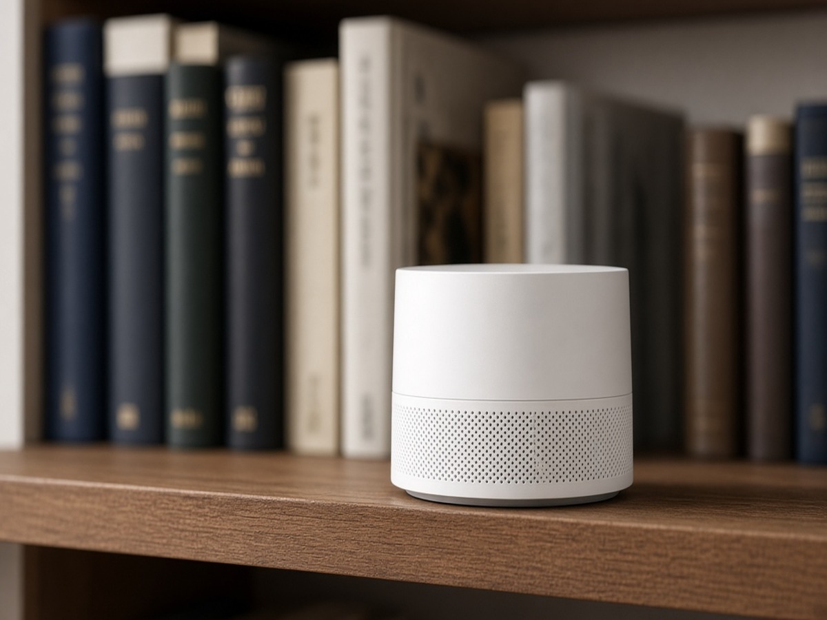 White mesh WiFi node on a living-room shelf — EE full fibre lifestyle