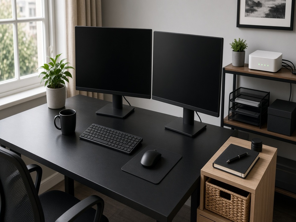 Dual-monitor work-from-home desk with fibre router on a side shelf — EE broadband UK