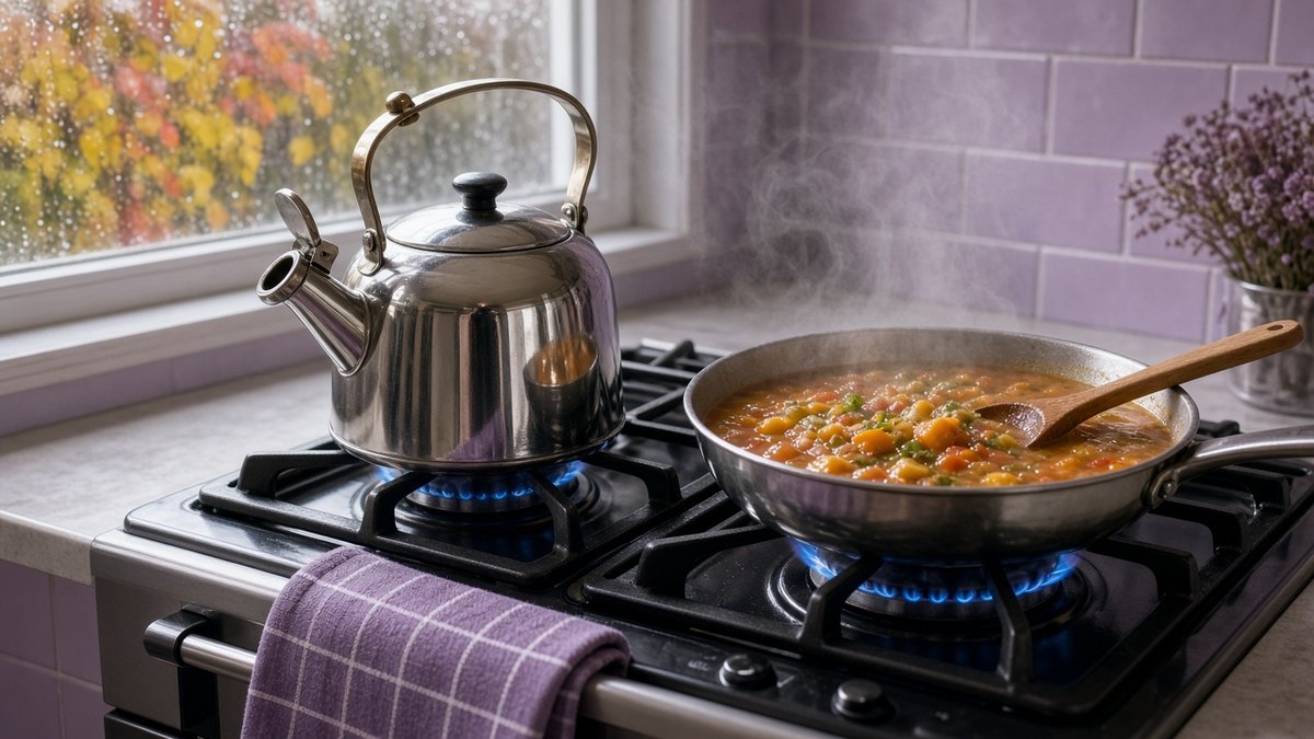Kettle and a pan of soup on a gas hob in a family kitchen