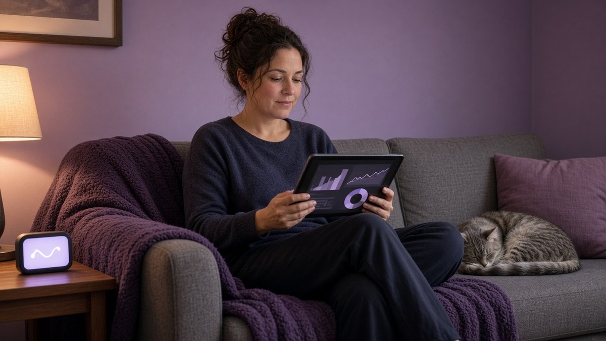 Woman checking a smart meter display and tablet on a sofa
