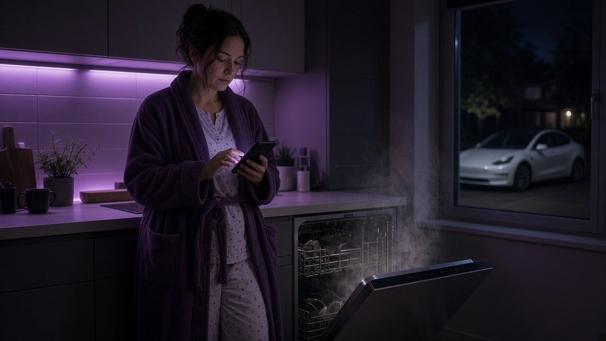 Woman setting an overnight charging schedule on her phone in a kitchen at night