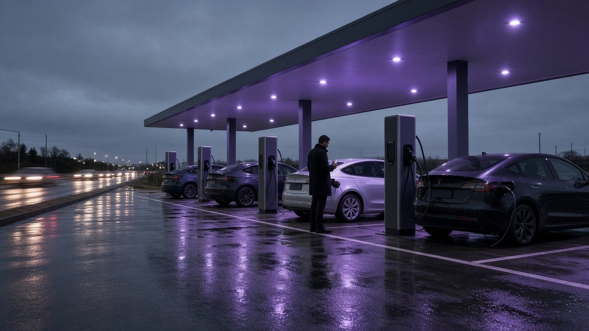 Several electric cars charging under a canopy at motorway services rapid chargers at dusk