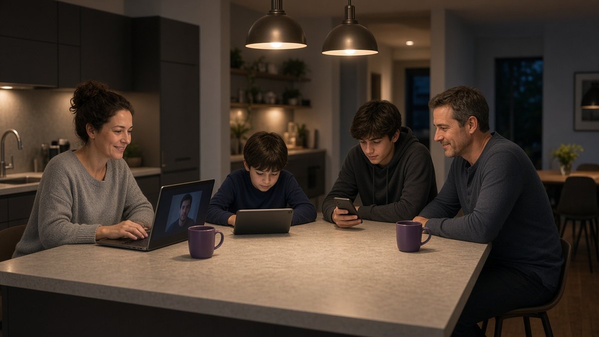 Family using a laptop, tablet and phones at the same time around a kitchen island