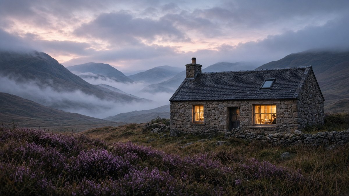Stone cottage in the Scottish Highlands at dusk with lights on inside