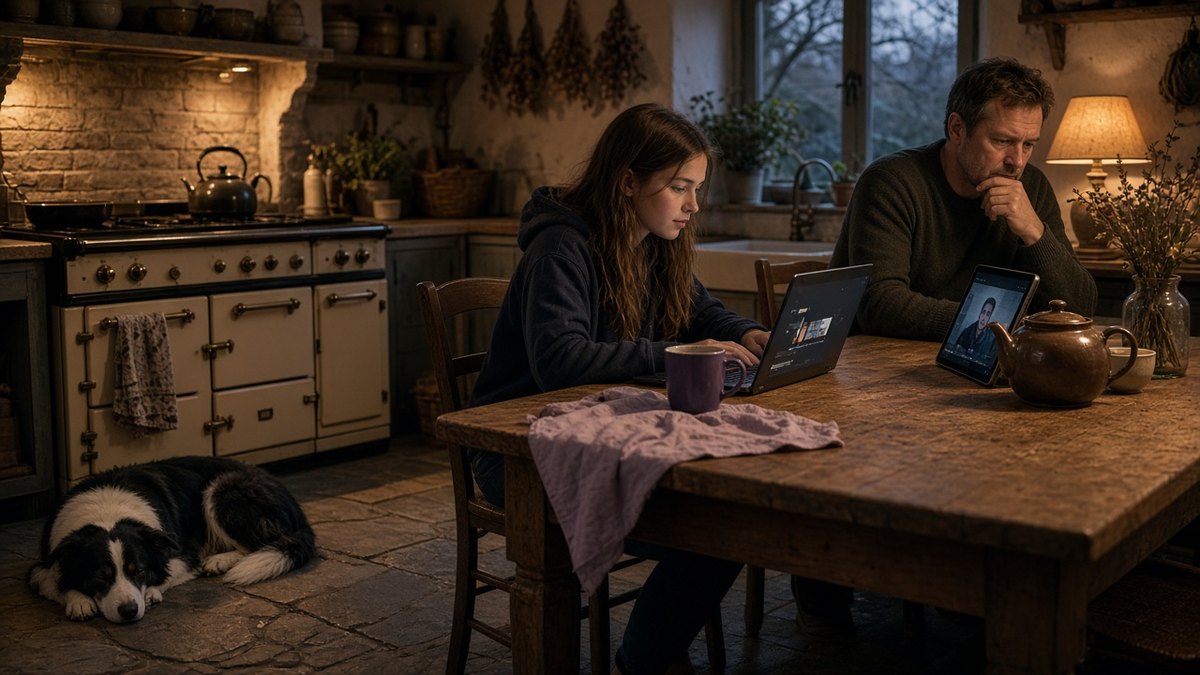 Family in a farmhouse kitchen streaming on a laptop and tablet at the same time