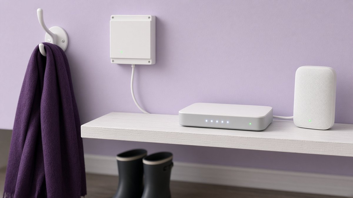 New full fibre box, white router and mesh WiFi unit on a hallway shelf