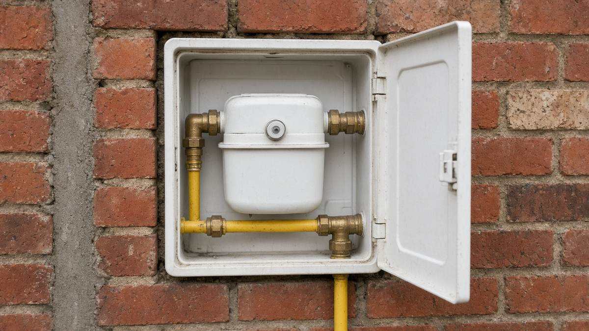 Gas meter box with yellow pipework set into a brick wall