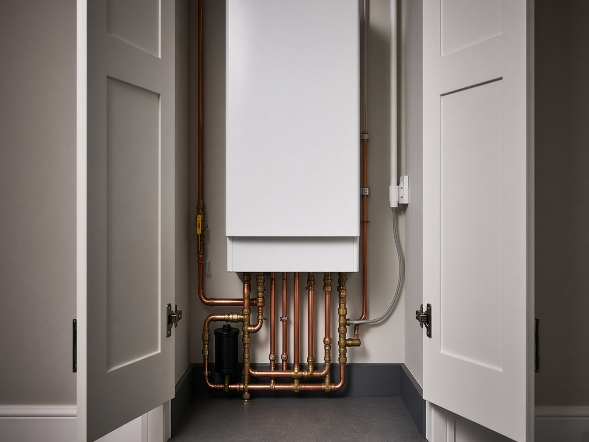 Open cupboard showing a UK combi boiler and copper pipework