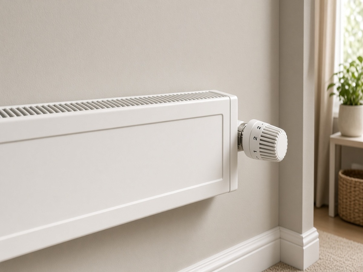 White radiator with a thermostatic valve in a UK living room