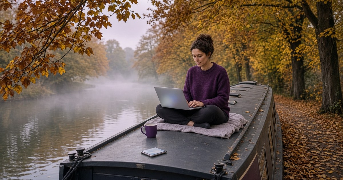 Woman working on a laptop on the roof of a moored narrowboat, using her phone as a hotspot beside an autumn canal