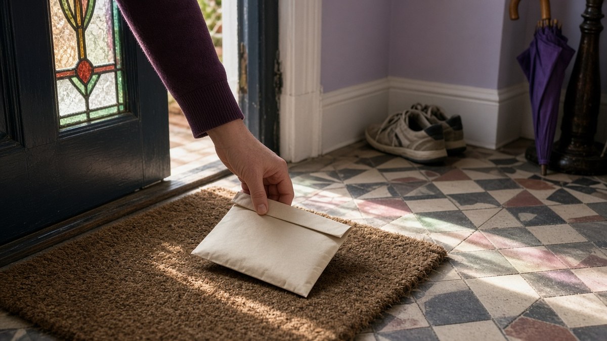 Hand picking up a small plain envelope from a hallway doormat in morning light