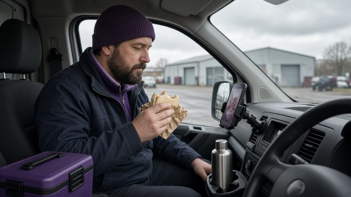 Tradesman in his van cab watching a video on his phone during a lunch break