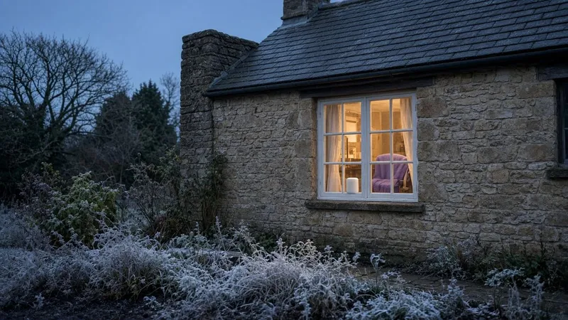 Stone cottage at dusk with a WiFi unit glowing on the windowsill