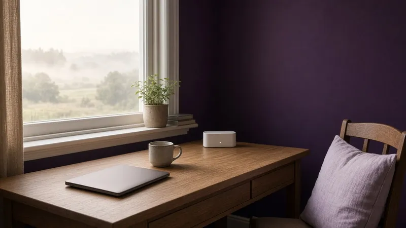 Farmhouse home office desk with a router by a window over misty fields