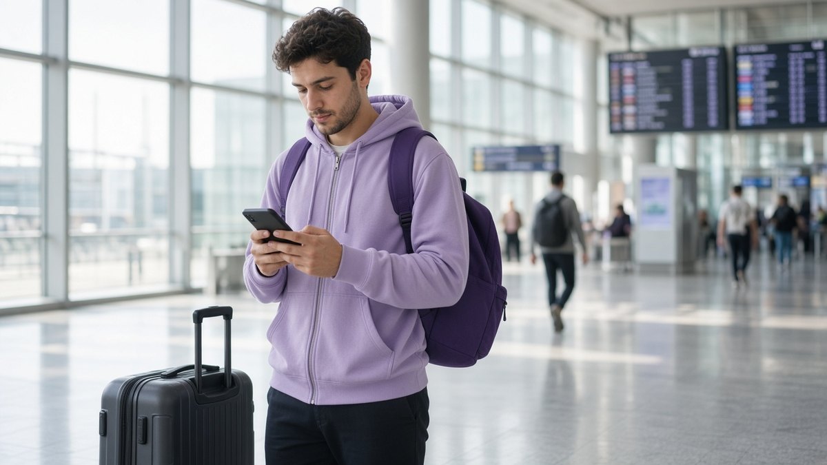 Traveller with a suitcase in a bright airport arrivals hall setting up mobile data on his phone