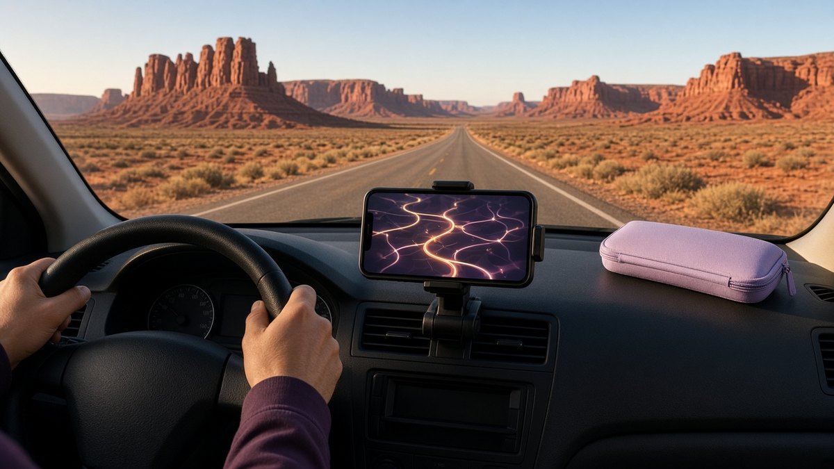 Smartphone in a car dashboard mount on a long desert highway road trip