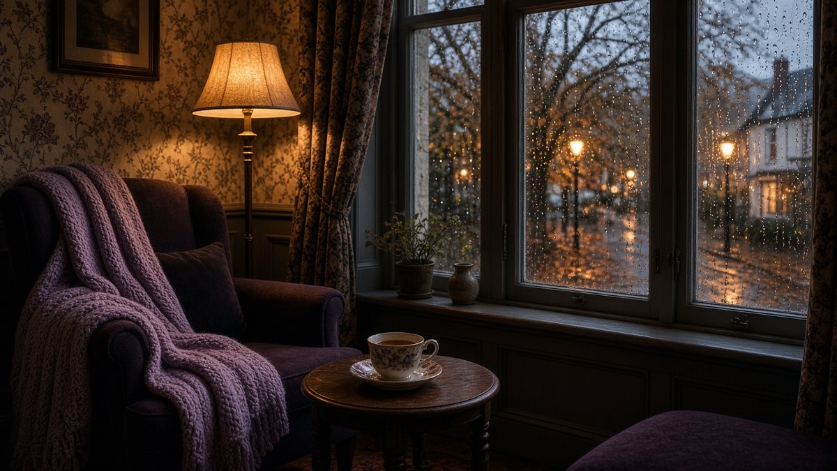 Armchair by a bay window on a rainy autumn evening with a lilac knitted blanket and a standard lamp glowing, no people