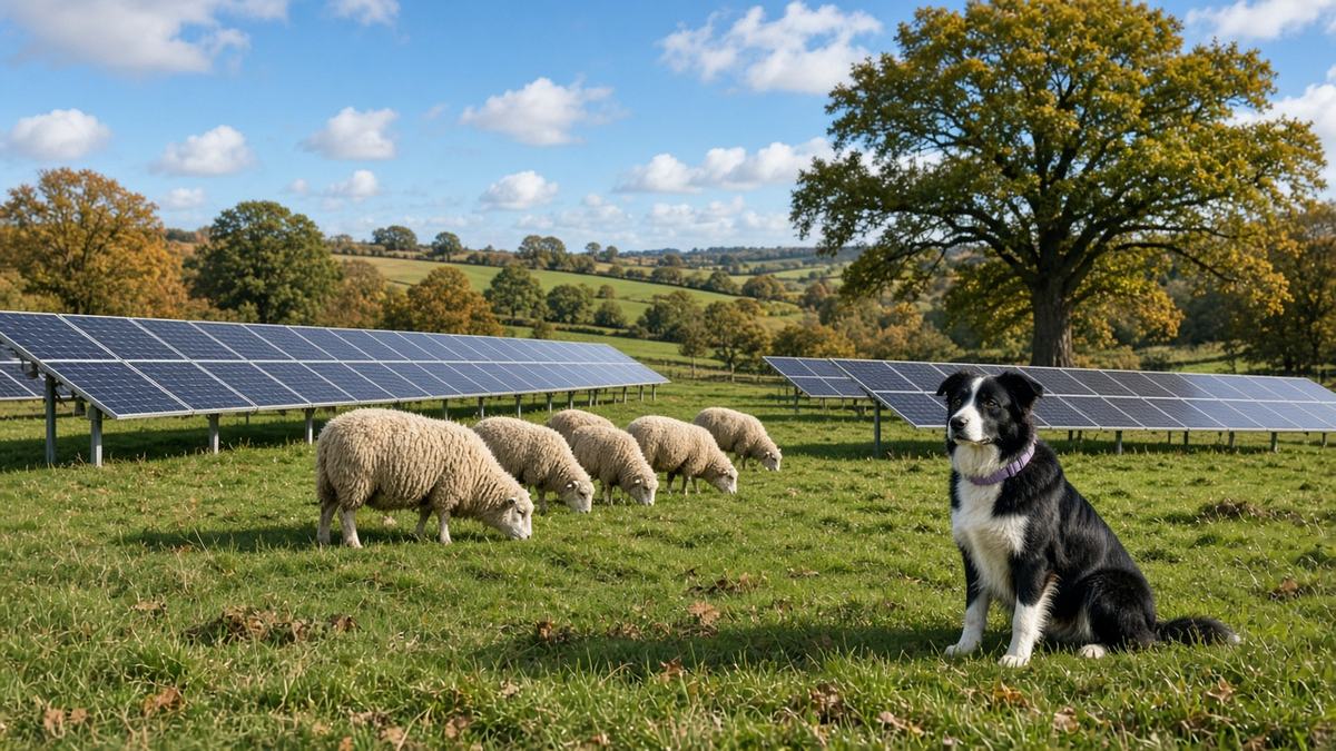 Sheep grazing between rows of ground-mounted solar panels on a Somerset farm on a bright autumn day, a sheepdog with a lilac collar nearby