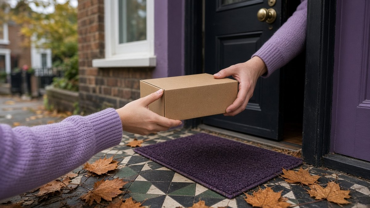 Hands receiving a plain cardboard parcel at a front door, autumn leaves on the doorstep and a plum doormat