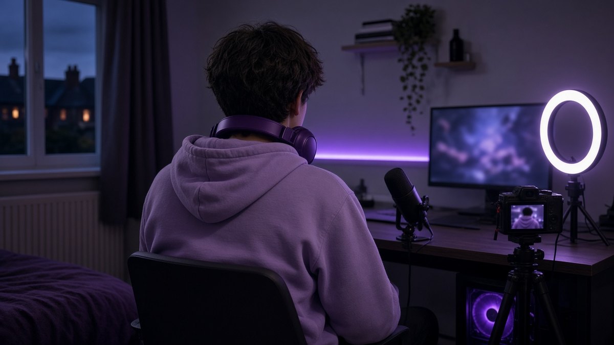 Teenager seen from behind sitting at a desk set up to live-stream, with a camera on a tripod and a ring light in a bedroom