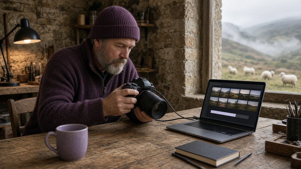Photographer uploading camera files to a laptop in a croft workshop overlooking a glen