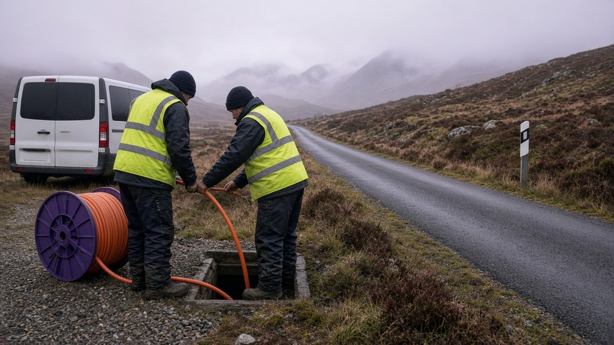 Fibre crew feeding cable into a roadside duct on a Highland single-track road