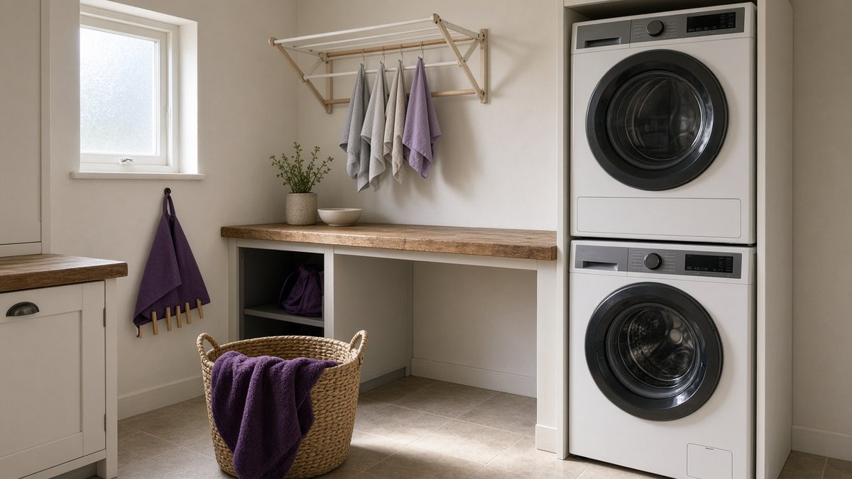 Shared utility room in a converted house with a washing machine and tumble dryer stacked in a tall unit, a laundry basket with a plum towel and a lilac peg bag on the wall