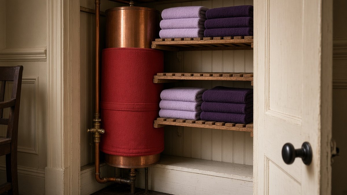 Airing cupboard with a copper hot water cylinder in a red insulation jacket and folded lilac towels on slatted shelves
