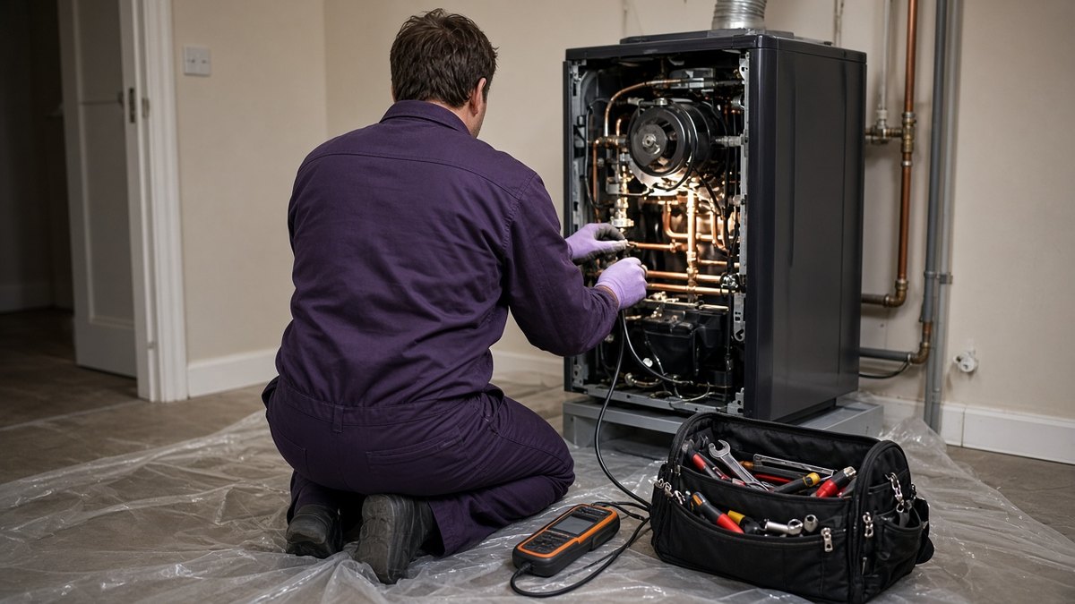 Heating engineer seen from behind kneeling to service a floor-standing boiler, with a flue gas analyser and toolbag on a protective sheet