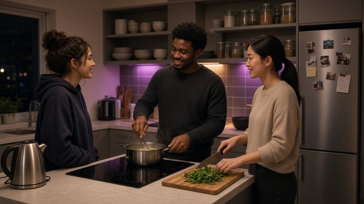 Tenants cooking together in the shared kitchen of an HMO in the evening