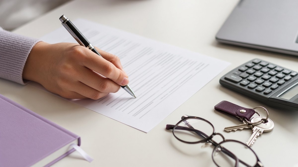 Landlord signing a supplier form at a desk with a calculator and house keys