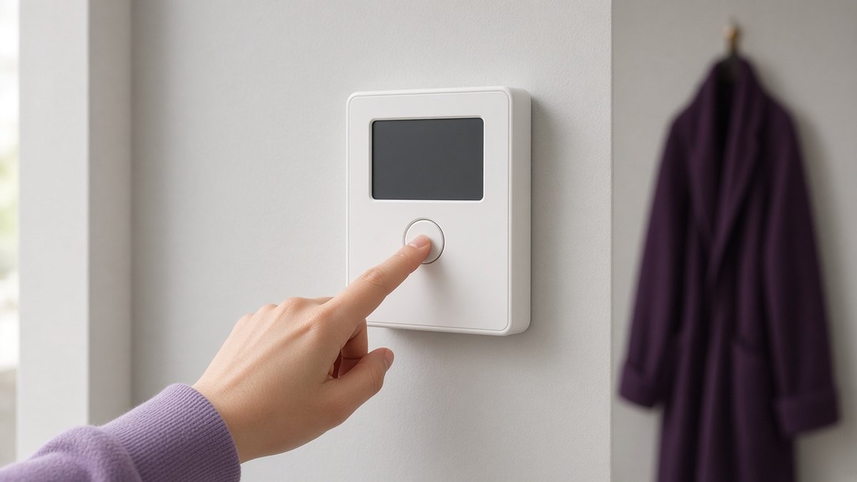 Hand setting a wall-mounted heating programmer in a shared house hallway, display blank