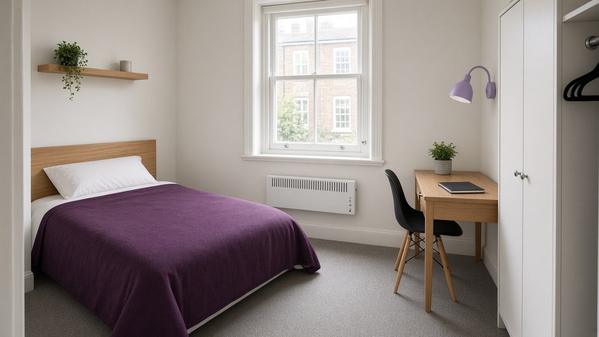 Tidy HMO bedroom with a single bed, a study desk and an electric panel heater under the window