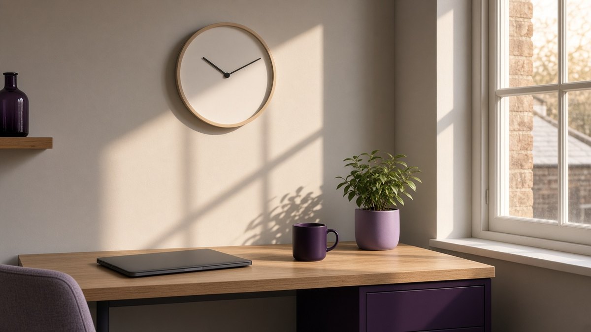 Small home office desk with a laptop and a plain wall clock without numerals in late afternoon light