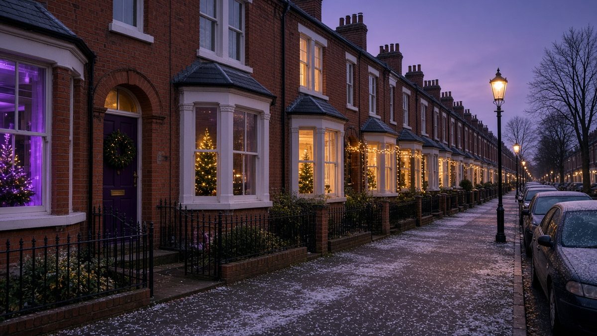 Terraced street at dusk in December with Christmas lights in the windows and frost on parked car roofs