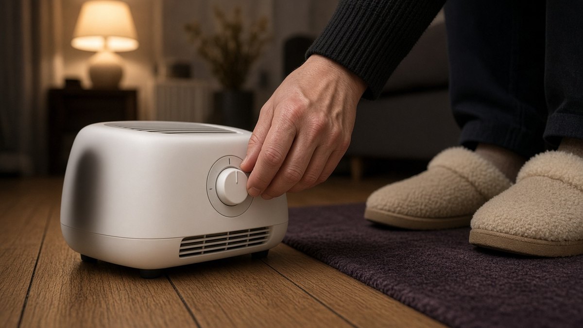 Hand turning the dial of a compact ceramic fan heater on a wooden floor next to sheepskin slippers