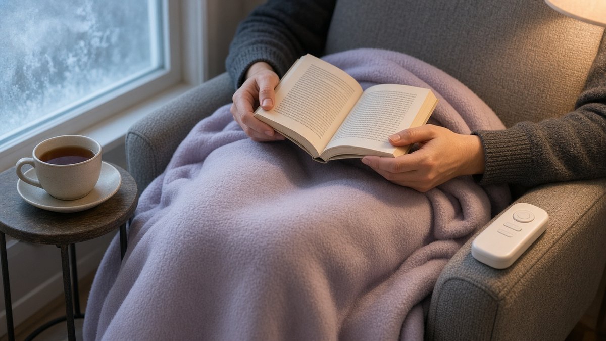 Person wrapped in a heated throw on an armchair reading a book by a window, face out of frame