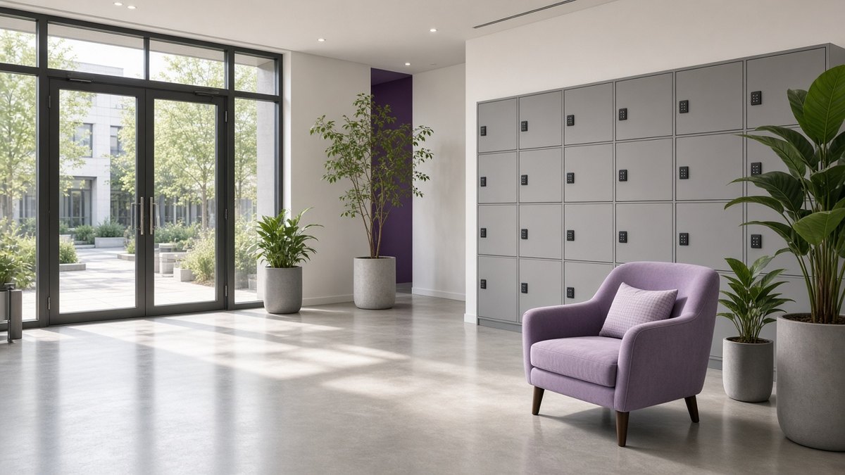 Bright residents lobby of a modern apartment block with parcel lockers, a lilac armchair and plants, no people