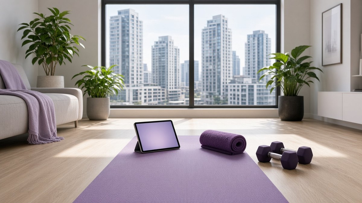 Tablet propped up on a lilac yoga mat in a bright city flat for an online class, plants and a view of apartment towers, no people